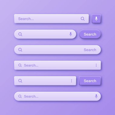 Renkli 3D arama çubuğu şablonları. Arama kutusu, adres çubuğu ve metin alanı olan internet tarayıcı motoru. Kullanıcı tasarımı, web arayüzü ögesi web simgeleri ve düğmeye basın. Vektör illüstrasyonu.
