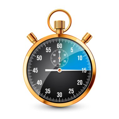 Gerçekçi klasik kronometre. Parlak altın metal kronometre, çevirmeli zaman sayacı. Mavi geri sayım zamanlayıcısı dakikaları ve saniyeleri gösteriyor. Spor için zaman ölçümü, başla, bitir. Vektör illüstrasyonu.