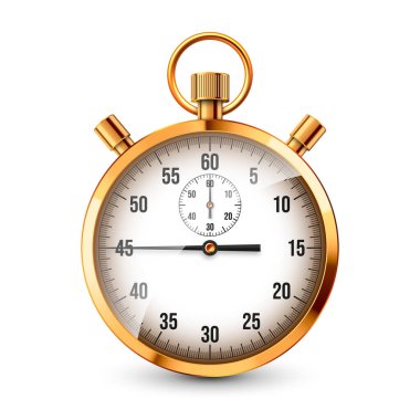 Gerçekçi klasik kronometre. Parlak altın metal kronometre, çevirmeli zaman sayacı. Geri sayım zamanlayıcısı dakikaları ve saniyeleri gösteriyor. Spor için zaman ölçümü, başla, bitir. Vektör illüstrasyonu.