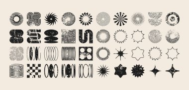 Acımasız geometrik şekiller, modern grunge sembolleri. Basit ilkel elementler ve formlar, sıkıntılı detaylar. Retro tasarım, yaş, eski moda, çağdaş minimalist tarz, y2k. Vektör illüstrasyonu.