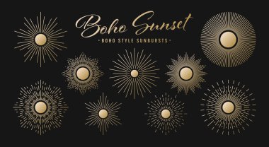 Klasik altın güneş patlaması, günbatımı ışınları koleksiyonu. Boho tarzı, modern minimalist bohem tasarımı. El çizimi güneş patlaması, ışık ışınları. Logotype ya da harfli retro tasarım öğesi. Vektör illüstrasyonu.