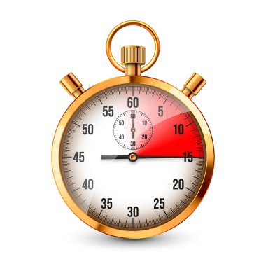 Gerçekçi klasik kronometre. Parlak altın metal kronometre, çevirmeli zaman sayacı. Kırmızı geri sayım zamanlayıcısı dakikaları ve saniyeleri gösteriyor. Spor için zaman ölçümü, başla, bitir. Vektör illüstrasyonu.