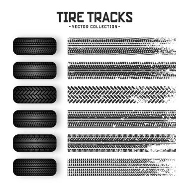Grunge lastik izleri, lastik tekerlekler ve fren izleri. Kamyon, araba ya da motosiklet lastiği siluetleri. Araba yarışları, motor sporları ve hız ile ilgili tasarımlar için mükemmel. Vektör illüstrasyonu.