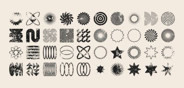 Acımasız geometrik şekiller, modern grunge sembolleri. Basit ilkel elementler ve formlar, sıkıntılı detaylar. Retro tasarım, yaş, eski moda, çağdaş minimalist tarz, y2k. Vektör illüstrasyonu.