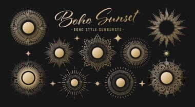 Klasik altın güneş patlaması, günbatımı ışınları koleksiyonu. Boho tarzı, modern minimalist bohem tasarımı. El çizimi güneş patlaması, ışık ışınları. Logotype ya da harfli retro tasarım öğesi. Vektör illüstrasyonu.