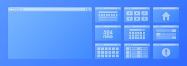 Web tarayıcı penceresi, araç çubuğu ve arama alanı olan saydam sayfa düzeni. Modern web sitesi, internet sayfası. Bilgisayar, tablet ve akıllı telefon için tarayıcı modeli. Uyarlamalı UI. Vektör illüstrasyonu.