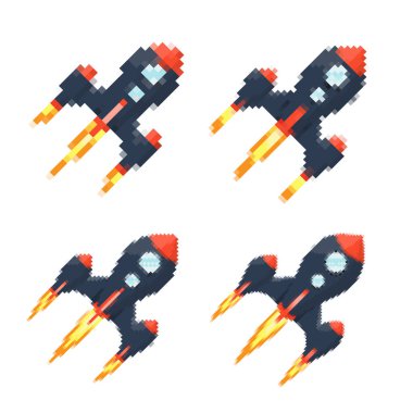 Piksel sanat roketi, ateşli patikaları, retro oyunları, uzay temalı tasarımları, uygulamaları veya animasyonları. Teknoloji, bilim kurgu ve fütüristik yaratıcı projeler için 8-bit stili. Vektör illüstrasyonu.