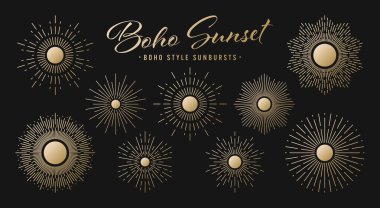 Klasik altın güneş patlaması, günbatımı ışınları koleksiyonu. Boho tarzı, modern minimalist bohem tasarımı. El çizimi güneş patlaması, ışık ışınları. Logotype ya da harfli retro tasarım öğesi. Vektör illüstrasyonu.
