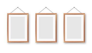 Gerçekçi boş tahta çerçeve koleksiyonu. Sanat, fotoğraf ya da reklam için modern poster modeli. Sanat galerileri, iç dekorasyon ve markalaşma için mükemmel. Vektör illüstrasyonu.