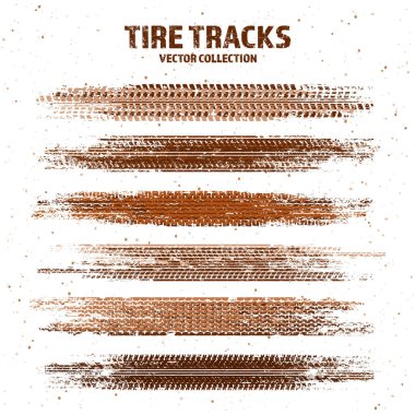 Çamur lekeli Grunge lastik izleri, kirli tekerlek fren izleri. Kamyon, araba ya da motosiklet lastiği siluetleri. Off-road, motor sporu ve yarış tasarımları için mükemmel. Vektör illüstrasyonu.