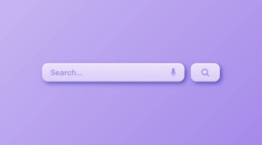 Renkli 3D arama çubuğu şablonu. Arama kutusu, adres çubuğu ve metin alanı olan internet tarayıcı motoru. Kullanıcı tasarımı, web arayüzü ögesi web simgeleri ve düğmeye basın. Vektör illüstrasyonu.