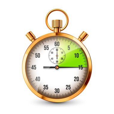 Gerçekçi klasik kronometre. Parlak altın metal kronometre, çevirmeli zaman sayacı. Geri sayım zamanı dakikaları ve saniyeleri gösteriyor. Spor için zaman ölçümü, başla, bitir. Vektör illüstrasyonu.