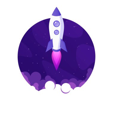 Roket fırlatma, gezegenler ve yıldızlarla dolu fütüristik uzay arkaplanı. Çizgi film yıldızgemisi, gece gökyüzünde uzay gemisi. Güneş sistemi, galaksi ve evren keşfi. Vektör illüstrasyonu.