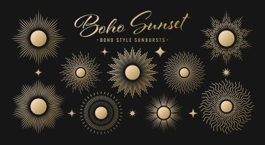 Klasik altın güneş patlaması, günbatımı ışınları koleksiyonu. Boho tarzı, modern minimalist bohem tasarımı. El çizimi güneş patlaması, ışık ışınları. Logotype ya da harfli retro tasarım öğesi. Vektör illüstrasyonu.