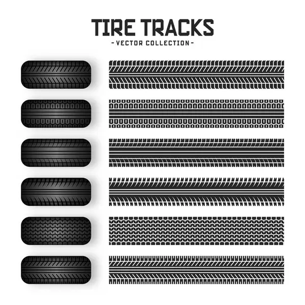 Lastik izleri, lastik tekerlekler ve fren izleri. Kamyon, araba ya da motosiklet lastiği siluetleri. Araba yarışları, motor sporları ve hız ile ilgili tasarımlar için mükemmel. Vektör illüstrasyonu.