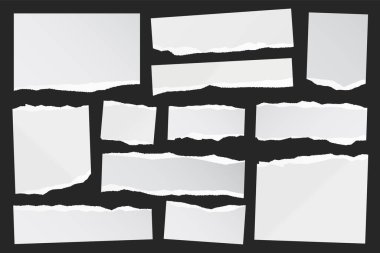 Yırtılmış kağıt şeritler. Yırtık kenarlı gerçekçi kağıt kırıntıları. Defter parçaları, kitap ya da eski gazete sayfaları. Son moda kolaj elementleri. Vektör illüstrasyonu.