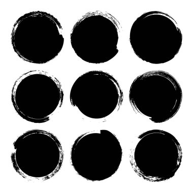 Grunge daireleri, fırça darbeleri, çizgiler, mürekkep lekeleri, elle çizilmiş karalama şekilleri. El yapımı kabataslak izler, akrilik lekeler, kömür çizgileri. Boya dokuları, kuru fırça etkisi. Vektör illüstrasyonu.