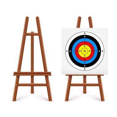 Ahşap sehpada atış poligonu. Kağıt hedef, bölümler, işaretler ve numaralar. Okçuluk, silah atışı ve eğitim, spor müsabakası, avcılık. Tam isabet ve nişan al. Vektör illüstrasyonu.