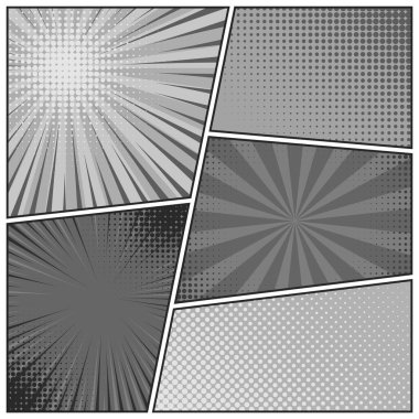 Çizgi roman siyah ve beyaz çizgi çizgiler koleksiyonu. Hareket ve hız çizgileri olan çizgi film arkaplanı. Retro Pop Art tarzı. Vektör illüstrasyonu.