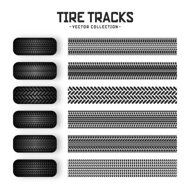 Lastik izleri, lastik tekerlekler ve fren izleri. Kamyon, araba ya da motosiklet lastiği siluetleri. Araba yarışları, motor sporları ve hız ile ilgili tasarımlar için mükemmel. Vektör illüstrasyonu.