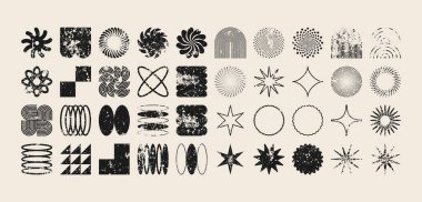 Acımasız geometrik şekiller, modern grunge sembolleri. Basit ilkel elementler ve formlar, sıkıntılı detaylar. Retro tasarım, yaş, eski moda, çağdaş minimalist tarz, y2k. Vektör illüstrasyonu.