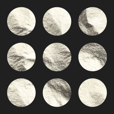 Gümüş folyo, parlak el yapımı daireler. Altın parıltılı doku, desen. Şatafatlı, parlak arka plan çizimi. Düğün, tebrik kartı dekorasyonu. Modern minimalist sanat. Vektör illüstrasyonu.