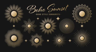 Klasik altın güneş patlaması, günbatımı ışınları koleksiyonu. Boho tarzı, modern minimalist bohem tasarımı. El çizimi güneş patlaması, ışık ışınları. Logotype ya da harfli retro tasarım öğesi. Vektör illüstrasyonu.