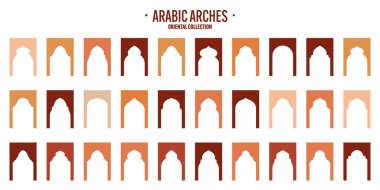 İslami çerçeveler, doğu tarzı objeler. Arap şekilleri, pencereler ve kemerler. Geleneksel süs afişi, çerçeve. Müslüman bayramları, Ramazan Kareem. Modern doğu mimarisi. Vektör illüstrasyonu.