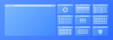 Web tarayıcı penceresi, araç çubuğu ve arama alanı olan saydam sayfa düzeni. Modern web sitesi, internet sayfası. Bilgisayar, tablet ve akıllı telefon için tarayıcı modeli. Uyarlamalı UI. Vektör illüstrasyonu.