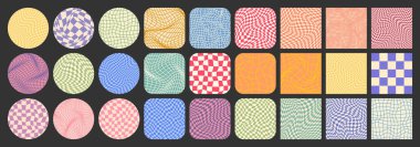 Dama desenli, renkli döşemeli. Klasik dalgalı eğimli arka plan, bozulma etkisi. Garip geometrik satranç tahtası dokusu, 90 'ların tarzında retro arka plan, y2k. Vektör illüstrasyonu.