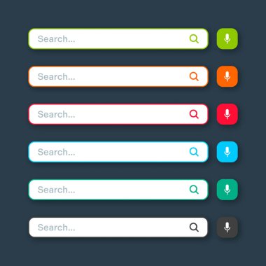 Various search bar templates. Internet browser engine with search box, address bar and text field. UI design, website interface element with web icons and push button. Vector illustration.