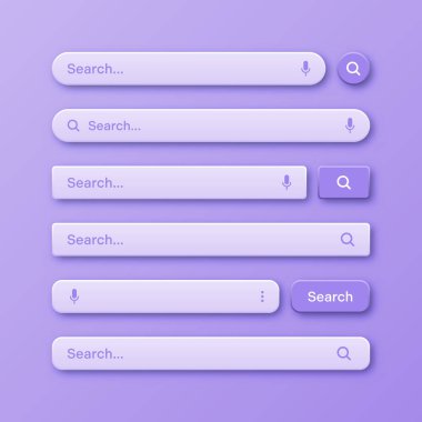 Renkli 3D arama çubuğu şablonları. Arama kutusu, adres çubuğu ve metin alanı olan internet tarayıcı motoru. Kullanıcı tasarımı, web arayüzü ögesi web simgeleri ve düğmeye basın. Vektör illüstrasyonu.