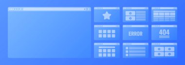 Web tarayıcı penceresi, araç çubuğu ve arama alanı olan saydam sayfa düzeni. Modern web sitesi, internet sayfası. Bilgisayar, tablet ve akıllı telefon için tarayıcı modeli. Uyarlamalı UI. Vektör illüstrasyonu.