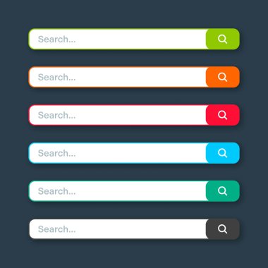 Various search bar templates. Internet browser engine with search box, address bar and text field. UI design, website interface element with web icons and push button. Vector illustration.