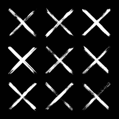 Grunge haçları, fırça darbeleri, x işareti, çizgiler, mürekkep lekeleri, elle çizilmiş karalama şekilleri. El yapımı kabataslak izler, akrilik lekeler, kömür çizgileri. Boya dokuları, kuru fırça etkisi. Vektör illüstrasyonu.