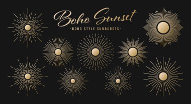 Klasik altın güneş patlaması, günbatımı ışınları koleksiyonu. Boho tarzı, modern minimalist bohem tasarımı. El çizimi güneş patlaması, ışık ışınları. Logotype ya da harfli retro tasarım öğesi. Vektör illüstrasyonu.