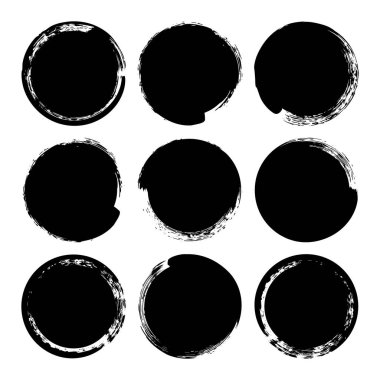 Grunge daireleri, fırça darbeleri, çizgiler, mürekkep lekeleri, elle çizilmiş karalama şekilleri. El yapımı kabataslak izler, akrilik lekeler, kömür çizgileri. Boya dokuları, kuru fırça etkisi. Vektör illüstrasyonu.