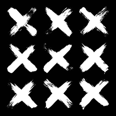 Grunge haçları, fırça darbeleri, x işareti, çizgiler, mürekkep lekeleri, elle çizilmiş karalama şekilleri. El yapımı kabataslak izler, akrilik lekeler, kömür çizgileri. Boya dokuları, kuru fırça etkisi. Vektör illüstrasyonu.