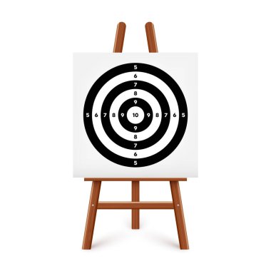 Ahşap sehpada atış poligonu. Kağıt hedef, bölümler, işaretler ve numaralar. Okçuluk, silah atışı ve eğitim, spor müsabakası, avcılık. Tam isabet ve nişan al. Vektör illüstrasyonu.