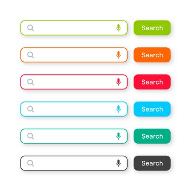 Various search bar templates. Internet browser engine with search box, address bar and text field. UI design, website interface element with web icons and push button. Vector illustration.