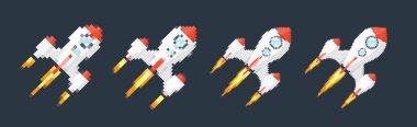 Piksel sanat roketi, ateşli patikaları, retro oyunları, uzay temalı tasarımları, uygulamaları veya animasyonları. Teknoloji, bilim kurgu ve fütüristik yaratıcı projeler için 8-bit stili. Vektör illüstrasyonu.