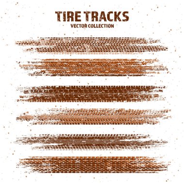 Çamur lekeli Grunge lastik izleri, kirli tekerlek fren izleri. Kamyon, araba ya da motosiklet lastiği siluetleri. Off-road, motor sporu ve yarış tasarımları için mükemmel. Vektör illüstrasyonu.