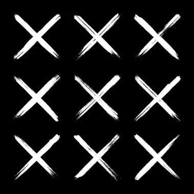 Grunge haçları, fırça darbeleri, x işareti, çizgiler, mürekkep lekeleri, elle çizilmiş karalama şekilleri. El yapımı kabataslak izler, akrilik lekeler, kömür çizgileri. Boya dokuları, kuru fırça etkisi. Vektör illüstrasyonu.