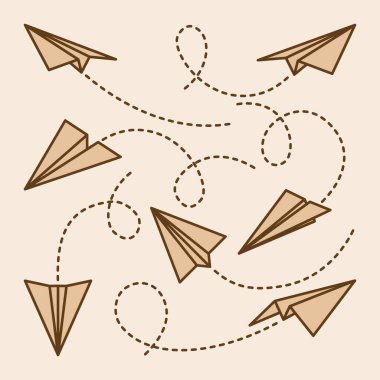 Şeffaf arka planda el yapımı gerçekçi kağıt uçaklar koleksiyonu. Origami uçağı düz stil. Vektör illüstrasyonu