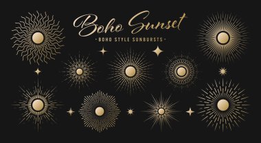 Klasik altın güneş patlaması, günbatımı ışınları koleksiyonu. Boho tarzı, modern minimalist bohem tasarımı. El çizimi güneş patlaması, ışık ışınları. Logotype ya da harfli retro tasarım öğesi. Vektör illüstrasyonu.