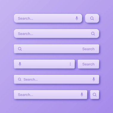 Renkli 3D arama çubuğu şablonları. Arama kutusu, adres çubuğu ve metin alanı olan internet tarayıcı motoru. Kullanıcı tasarımı, web arayüzü ögesi web simgeleri ve düğmeye basın. Vektör illüstrasyonu.