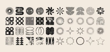 Acımasız geometrik şekiller, modern grunge sembolleri. Basit ilkel elementler ve formlar, sıkıntılı detaylar. Retro tasarım, yaş, eski moda, çağdaş minimalist tarz, y2k. Vektör illüstrasyonu.