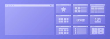 Web tarayıcı penceresi, araç çubuğu ve arama alanı olan saydam sayfa düzeni. Modern web sitesi, internet sayfası. Bilgisayar, tablet ve akıllı telefon için tarayıcı modeli. Uyarlamalı UI. Vektör illüstrasyonu.