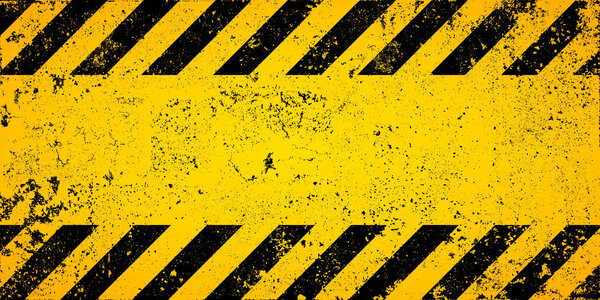 Warning sign with yellow and black diagonal lines. Attention, danger or caution symbol. Construction site signage, road safety notice, hazard banner, security alert shield. Vector illustration.
