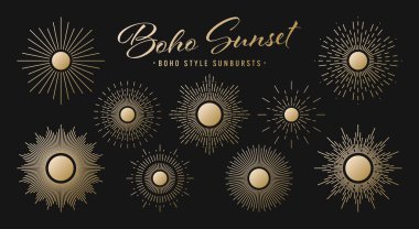 Klasik altın güneş patlaması, günbatımı ışınları koleksiyonu. Boho tarzı, modern minimalist bohem tasarımı. El çizimi güneş patlaması, ışık ışınları. Logotype ya da harfli retro tasarım öğesi. Vektör illüstrasyonu.